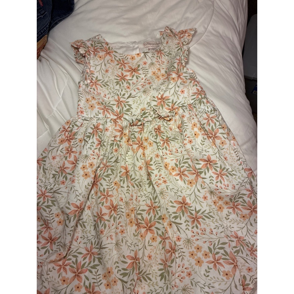 Catherine Malandrino Girls Floral Ruffle Sleeve Dress Size 5T Peach Green White